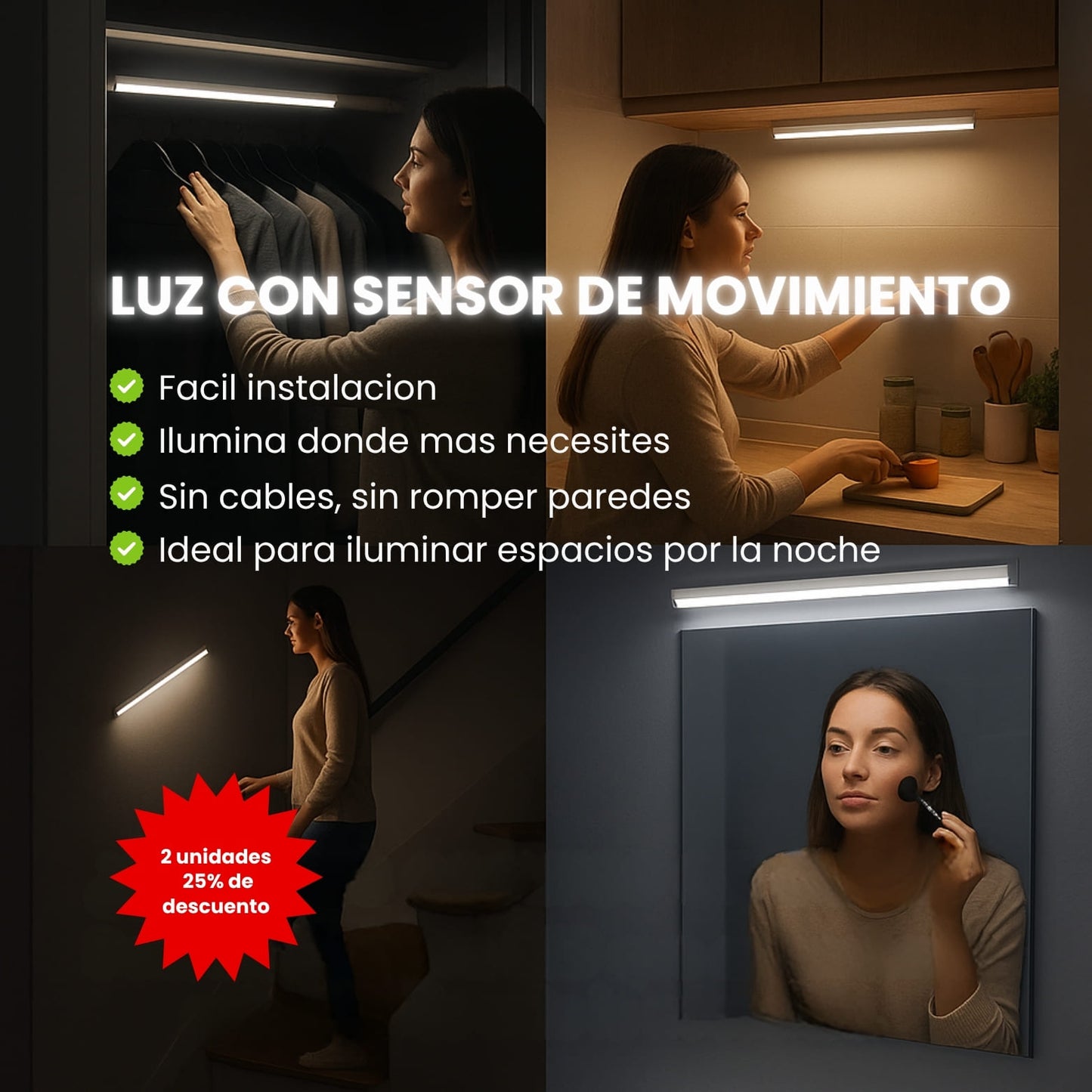 LUZ LED CON SENSOR DE MOVIENTO- CARGA USB- 20 centímetros